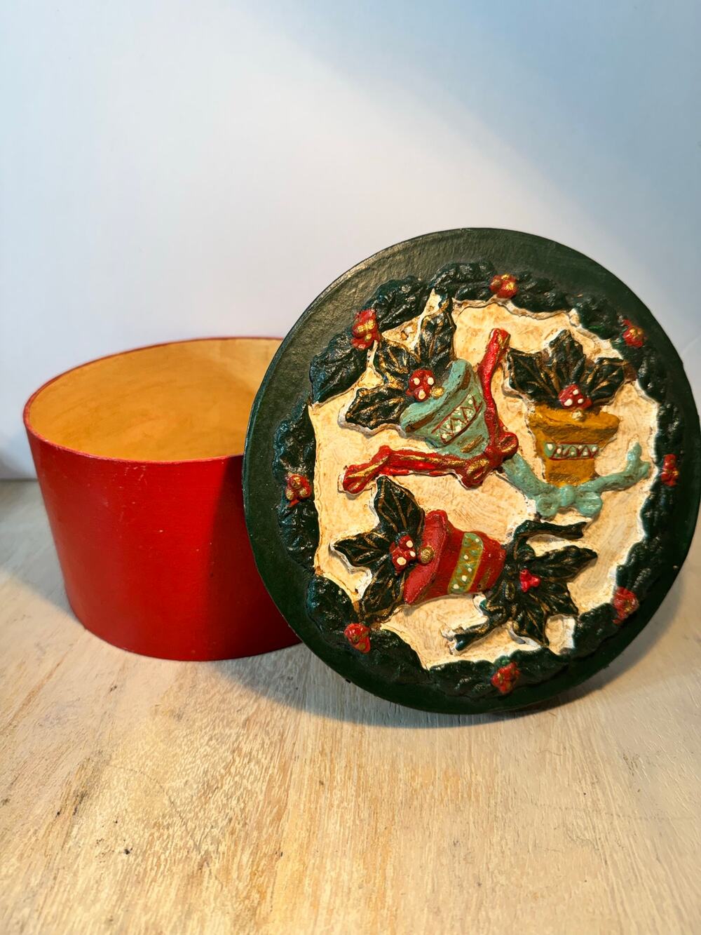Vintage Hand-Painted Christmas Box Round with Lid 7" Holiday Gifting or Display